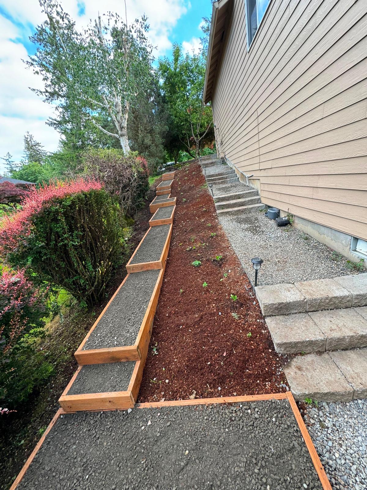 Stepped cedar timber planter walls built into a hillside with fresh red bark mulch and a gravel path
